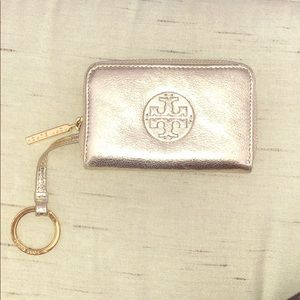 Tory Burch gold metallic card holder key chain